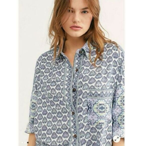 Free People Happy Holibabe Printed Long Sleeve Sleepshirt in Indigo Combo size M - Picture 3 of 16